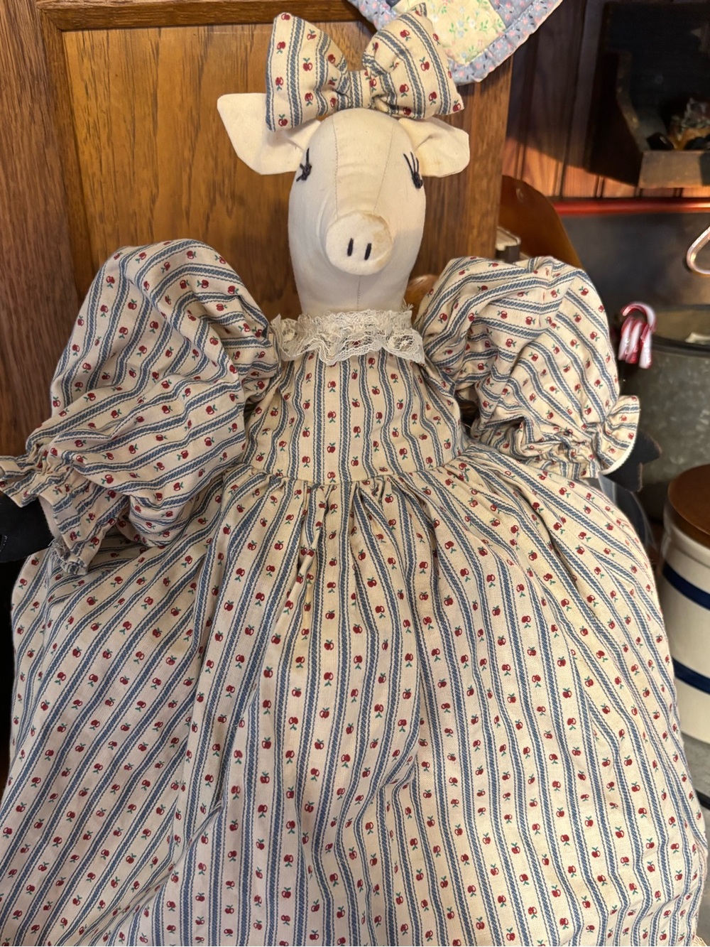 Handmade Country Pig Doll in Cream & Blue Stripe Dress